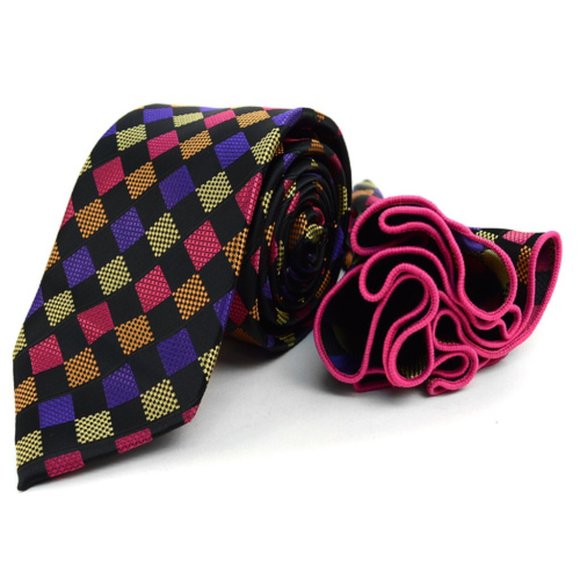 2 PC LAURANT BENNET Multi-Purple Checks Necktie & Matching Hanky Set - Picture 1 of 10
